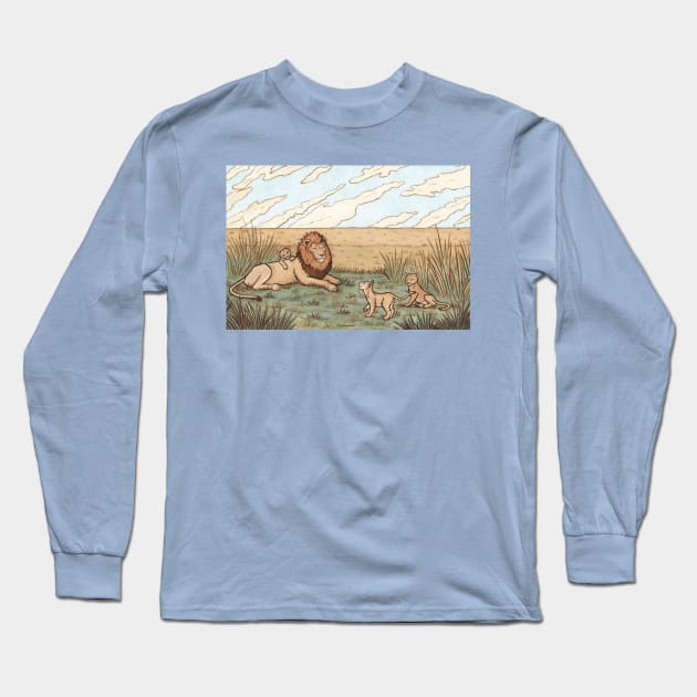 Relaxing with Papa Lion Long Sleeve T-Shirt by MarinaIllustration